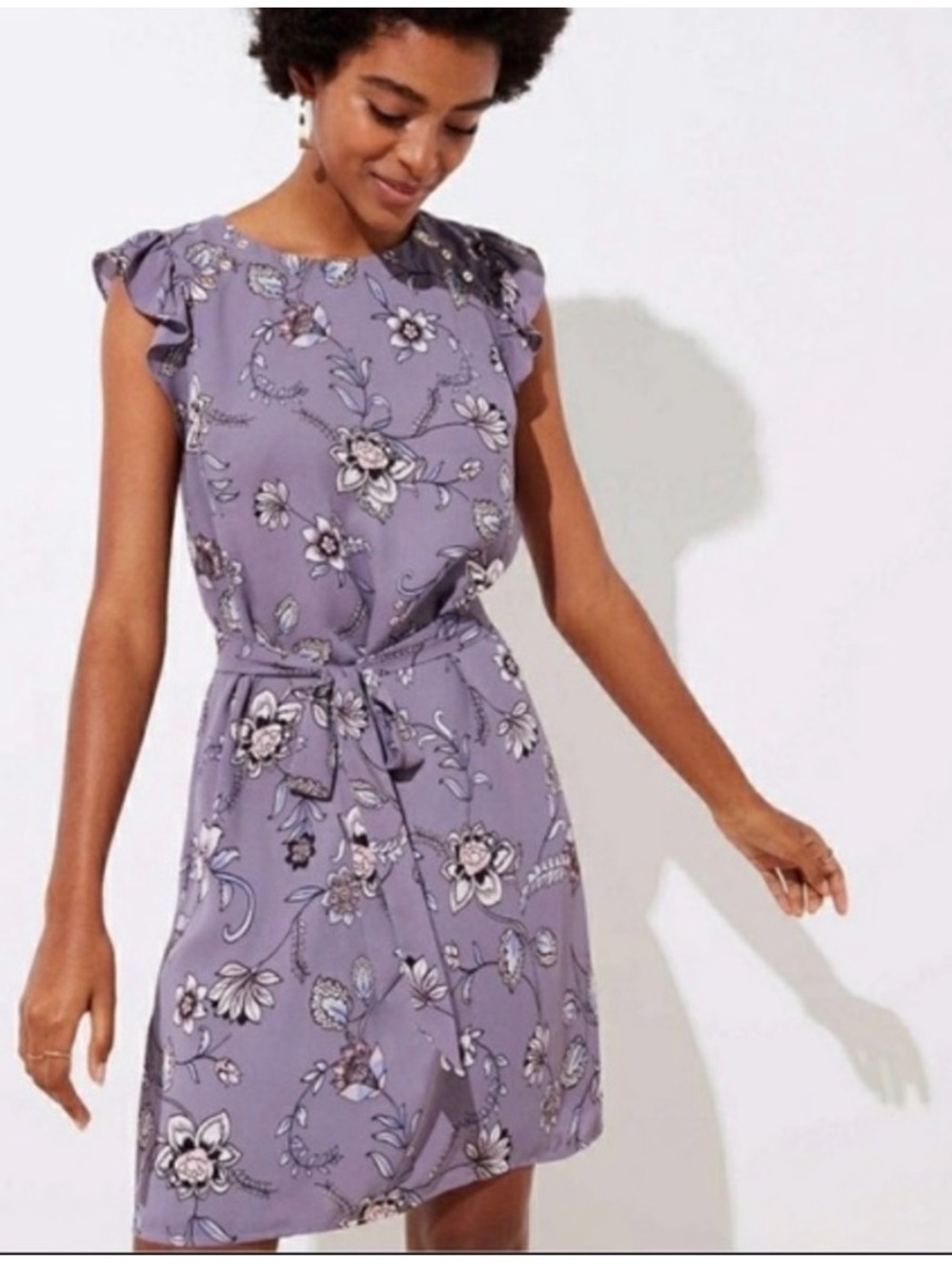 Loft floral shift dress with ruffle cap sleeves and belted waist.